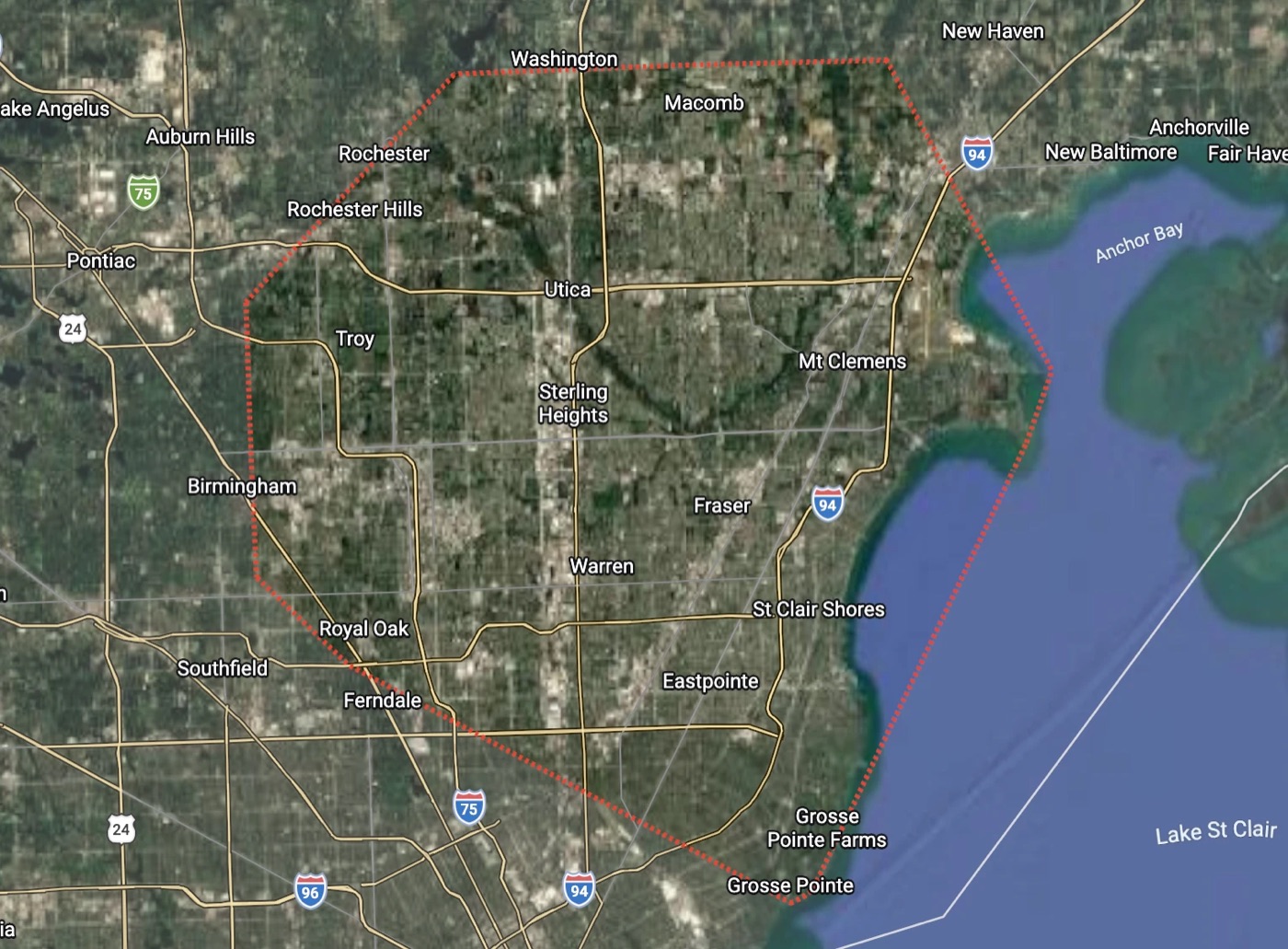 Map of Summit's service area across Macomb and Oakland County, Michigan, outlined in red